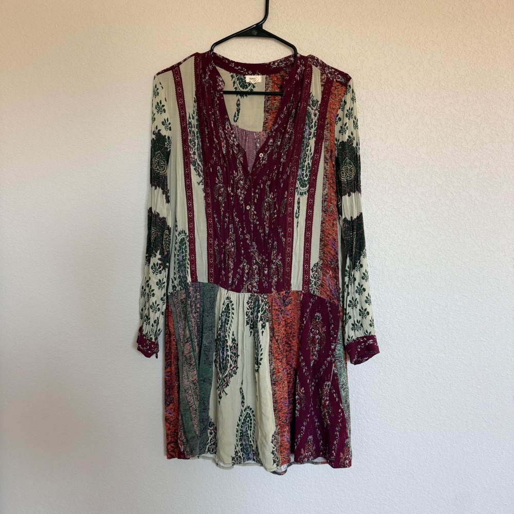 Anthropologie Tiny Patchwork Paisley Mini Dress Burgundy Boho Artsy Small - Picture 2 of 7